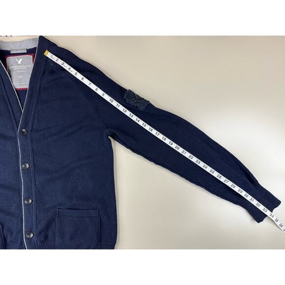 American Eagle Mens Wool Blend Cardigan Sweater L Navy Blue Elbow Patches Preppy - Picture 5 of 13
